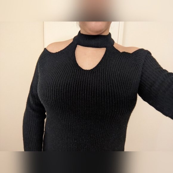 Black Off-the-Shoulder Sweater with Unique Cut-Out Neckline and Fitted Sleeves - Picture 2 of 9